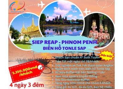 TOUR CAMPUCHIA, SIEM REAP - PHNOM PENH - BIỂN HỒ TONLE SAP - XE LIMOUSINE, KS 4 SAO